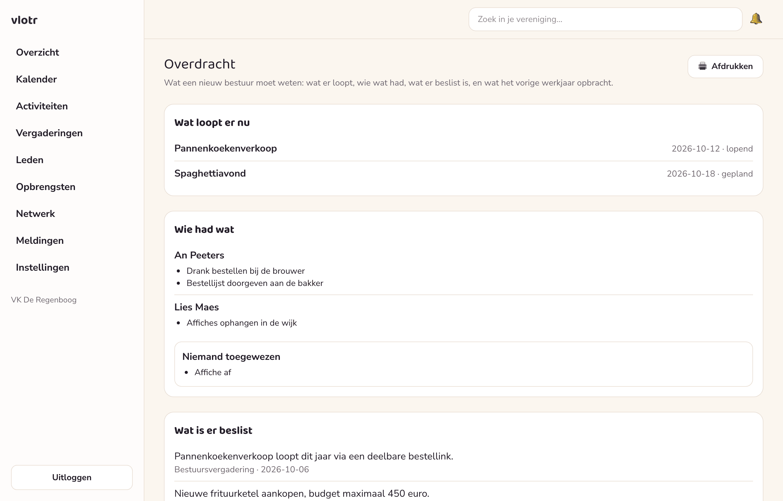 Het overdrachtsscherm van Vlotr met de lopende acties en de open taken per persoon.
