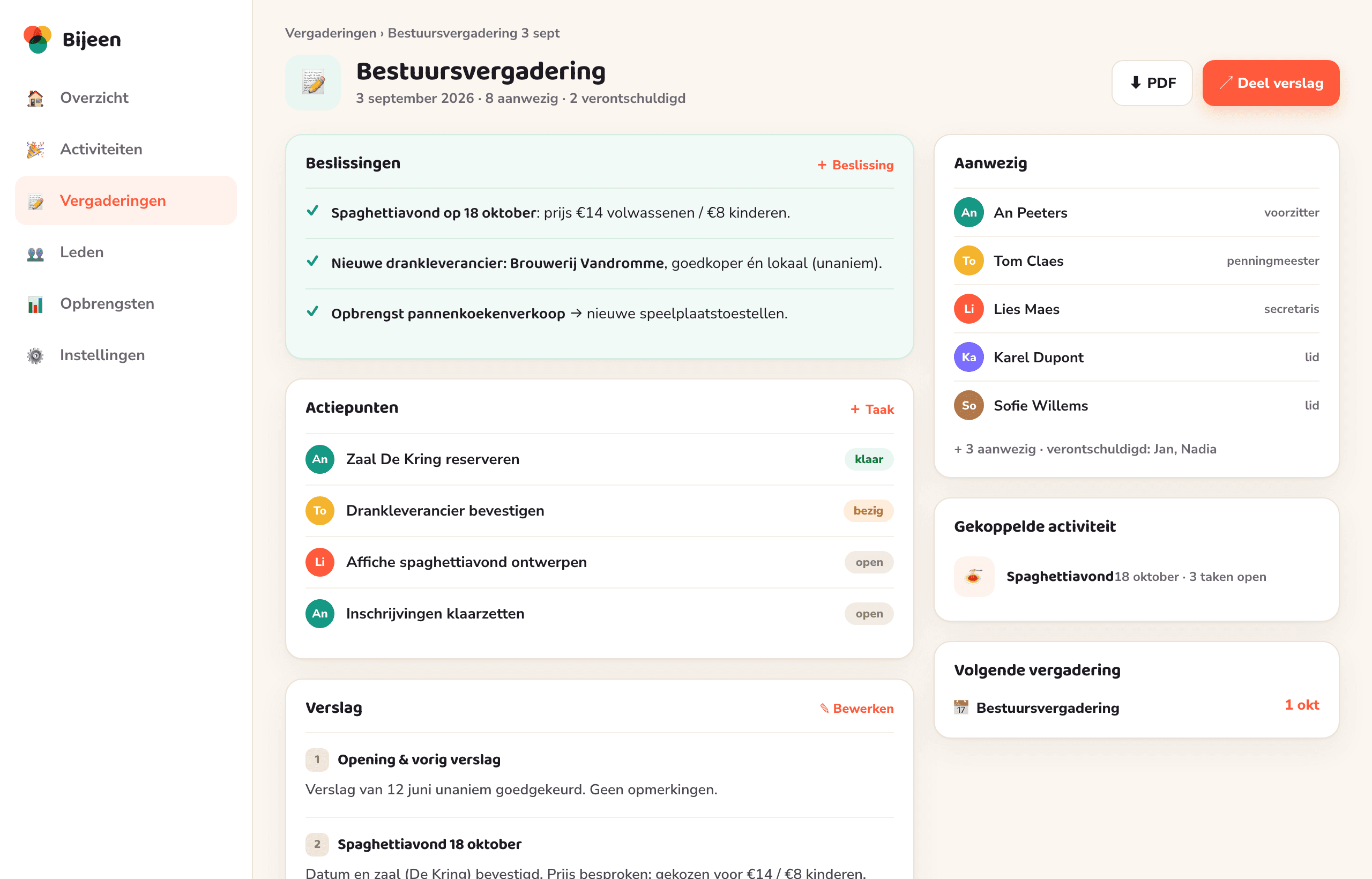 Het vergaderscherm van Vlotr met beslissingen en actiepunten.