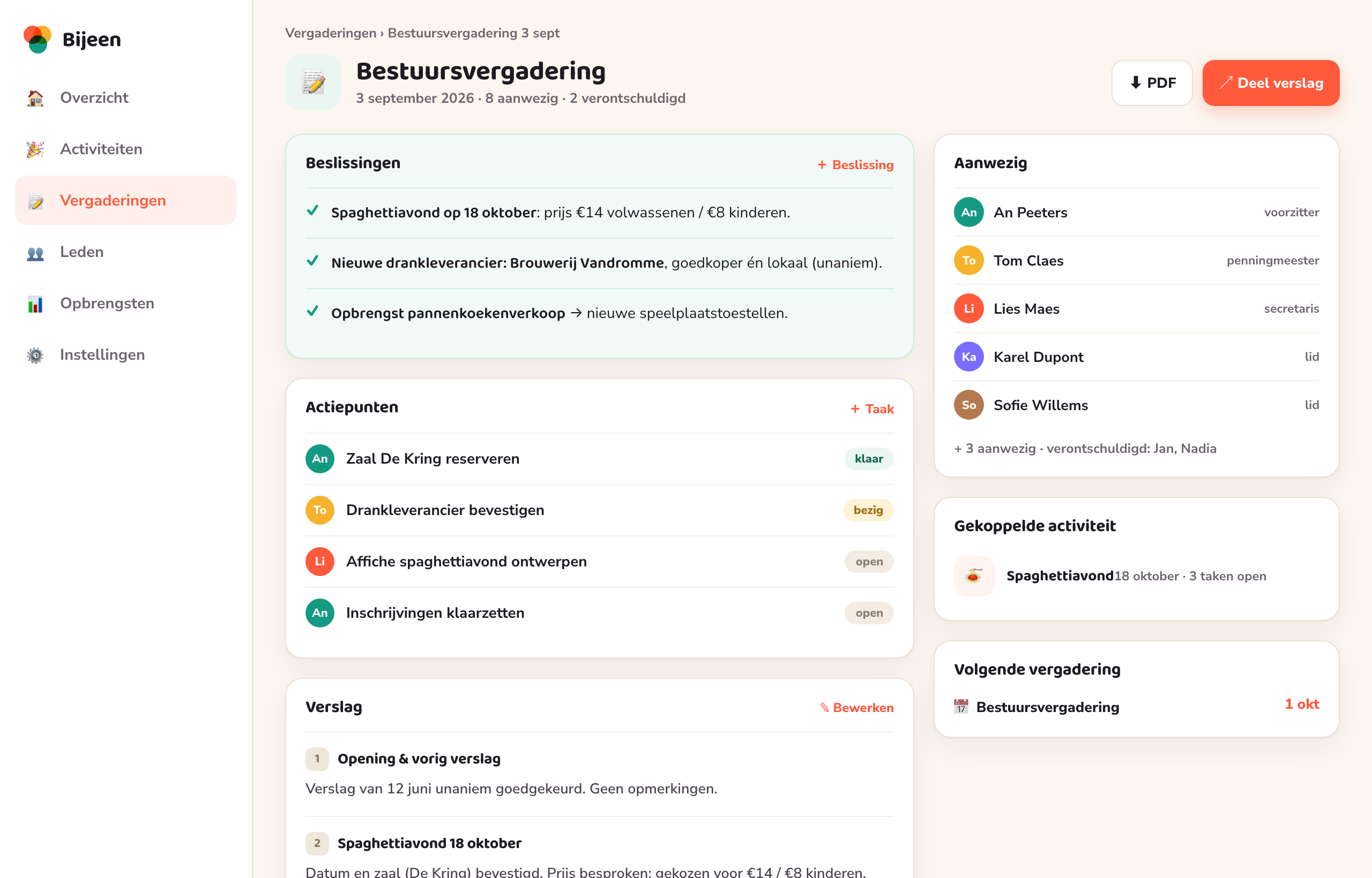 Beslissingen en actiepunten die blijven, niet wegscrollen in de chat.